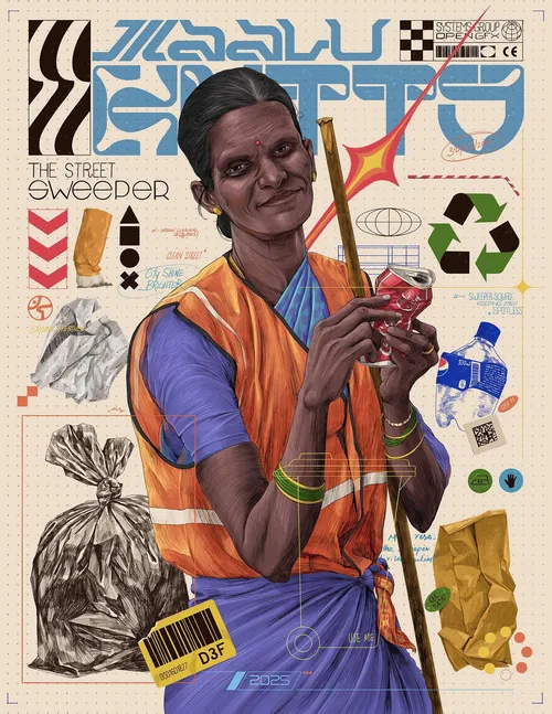 Street sweeper holding broom and trash bags, detailed portrait by Muhammed Sajid