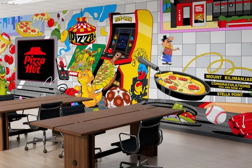 Ilustración de Muhammed Sajid del interior de un colorido restaurante arcade Pizza Hut.