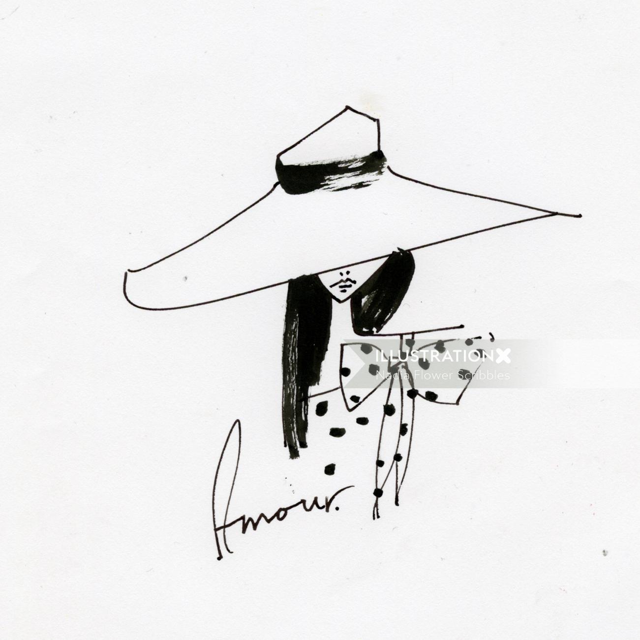Arte lineal de una niña con sombrero grande.