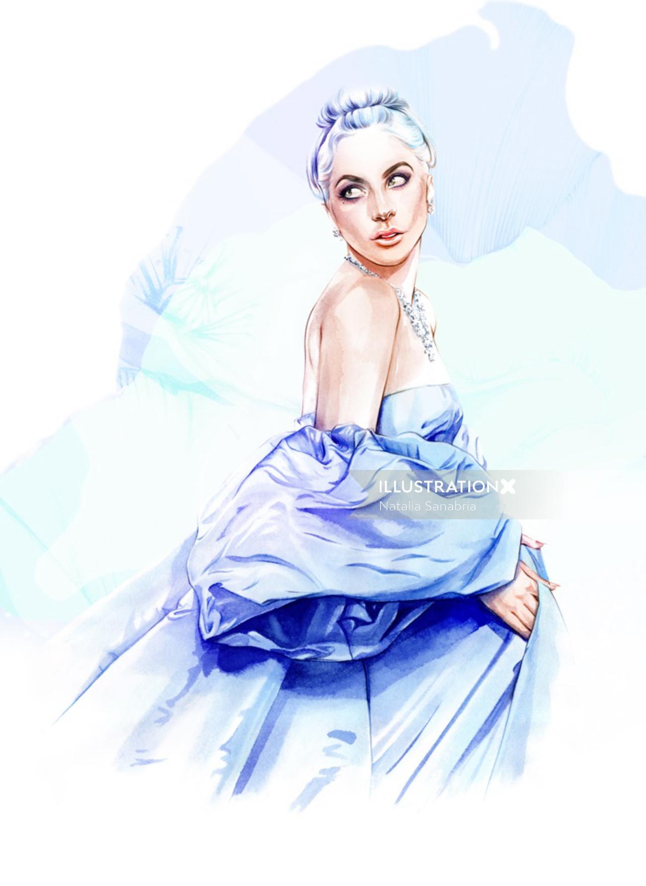 Painting of a beautiful woman in blue frock