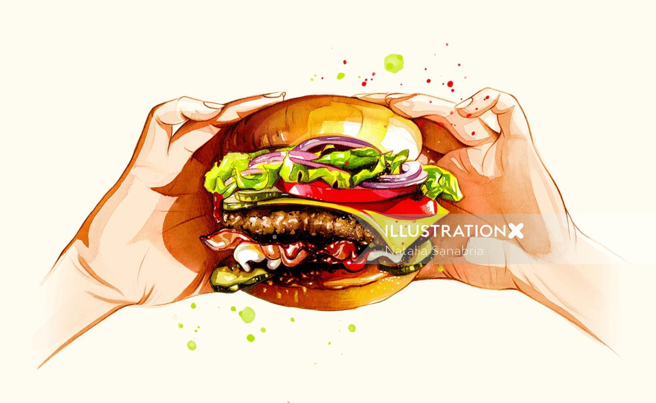 watercolour of hamburger by Natalia Sanabria