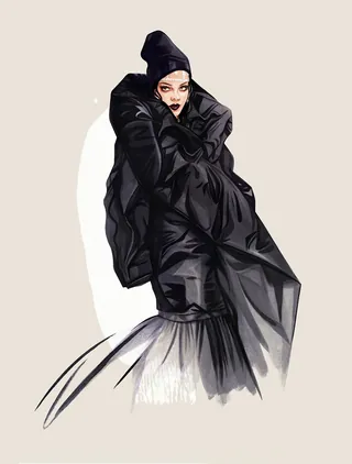 Fashion illustration of Rihanna wearing a dramatic black gown at the Met Gala by Natalia Sanabria
