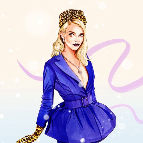 Stylish woman in blue dress with leopard print headband and gloves by Natalia Sanabria