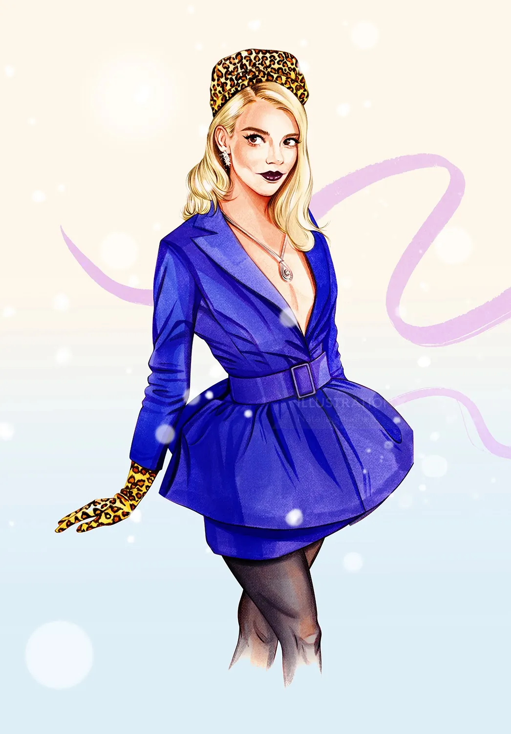 Stylish woman in blue dress with leopard print headband and gloves by Natalia Sanabria