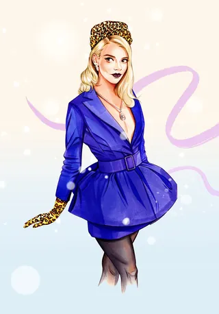 Stylish woman in blue dress with leopard print headband and gloves by Natalia Sanabria