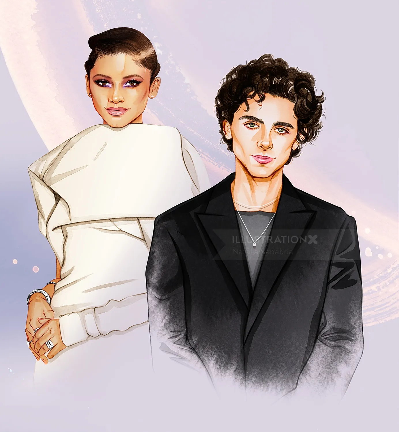 Stylish young woman and man posing together by Natalia Sanabria