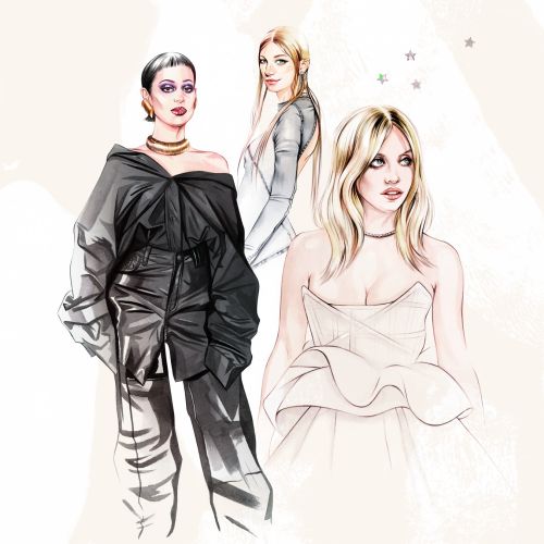 Illustration of three fashionably dressed women by Natalia Sanabria