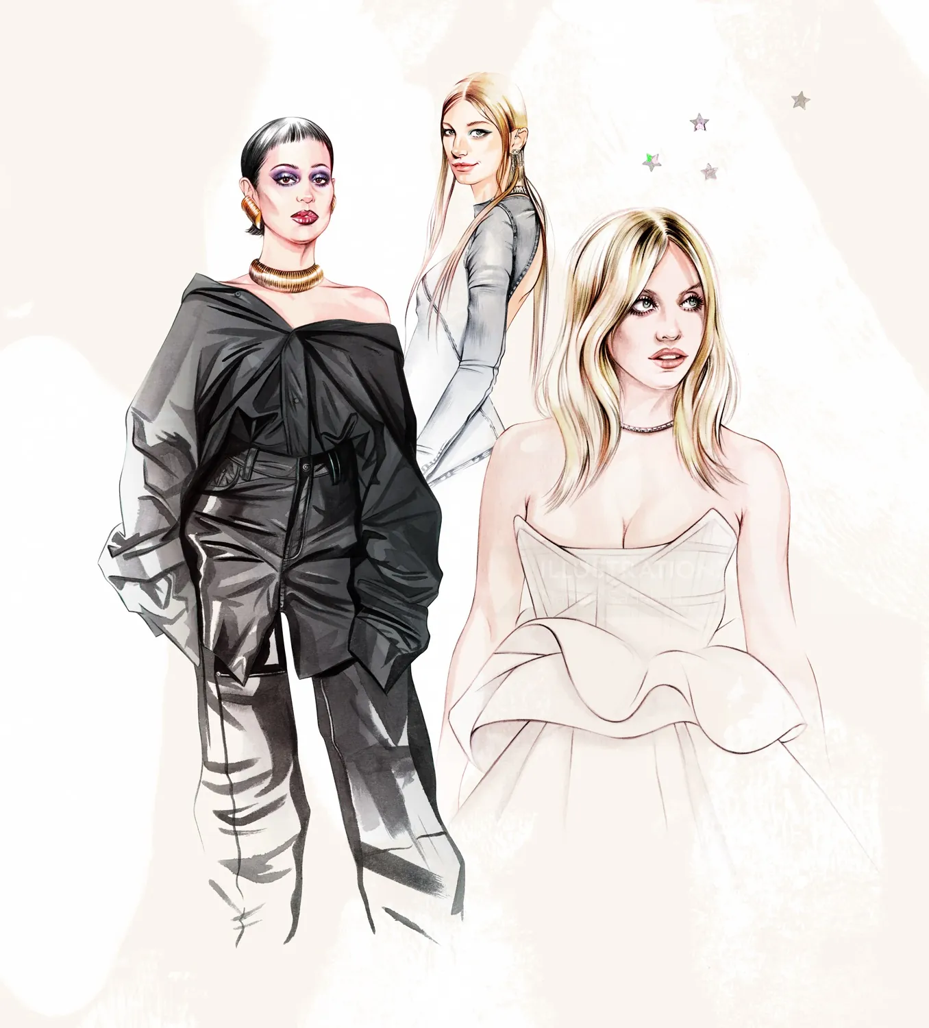 Illustration of three fashionably dressed women by Natalia Sanabria