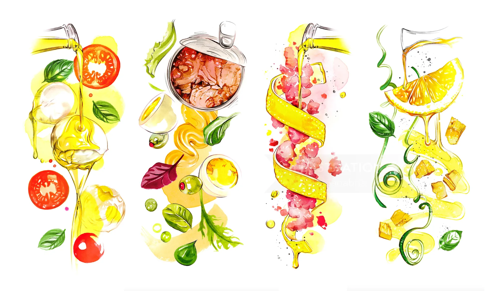 Watercolor painting of citrus fruits and a can drink by Natalia Sanabria