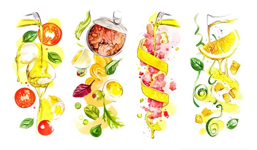 Watercolor painting of citrus fruits and a can drink by Natalia Sanabria