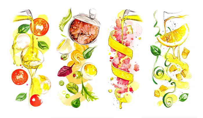 Watercolor painting of citrus fruits and a can drink by Natalia Sanabria
