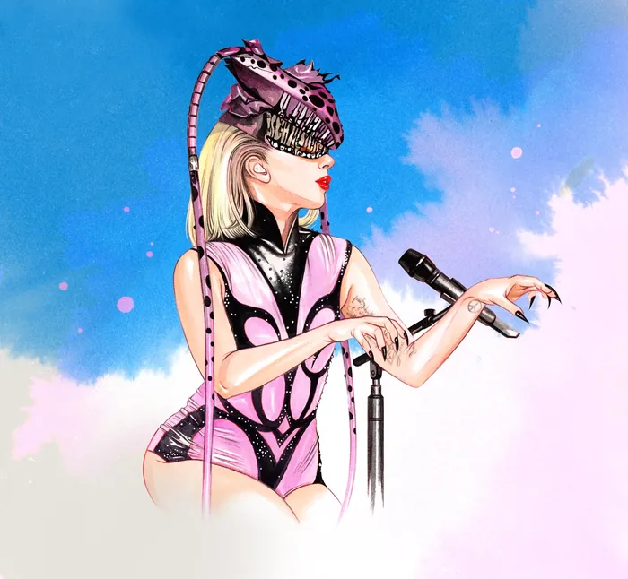 Futuristic woman singer with pink outfit and helmet by Natalia Sanabria