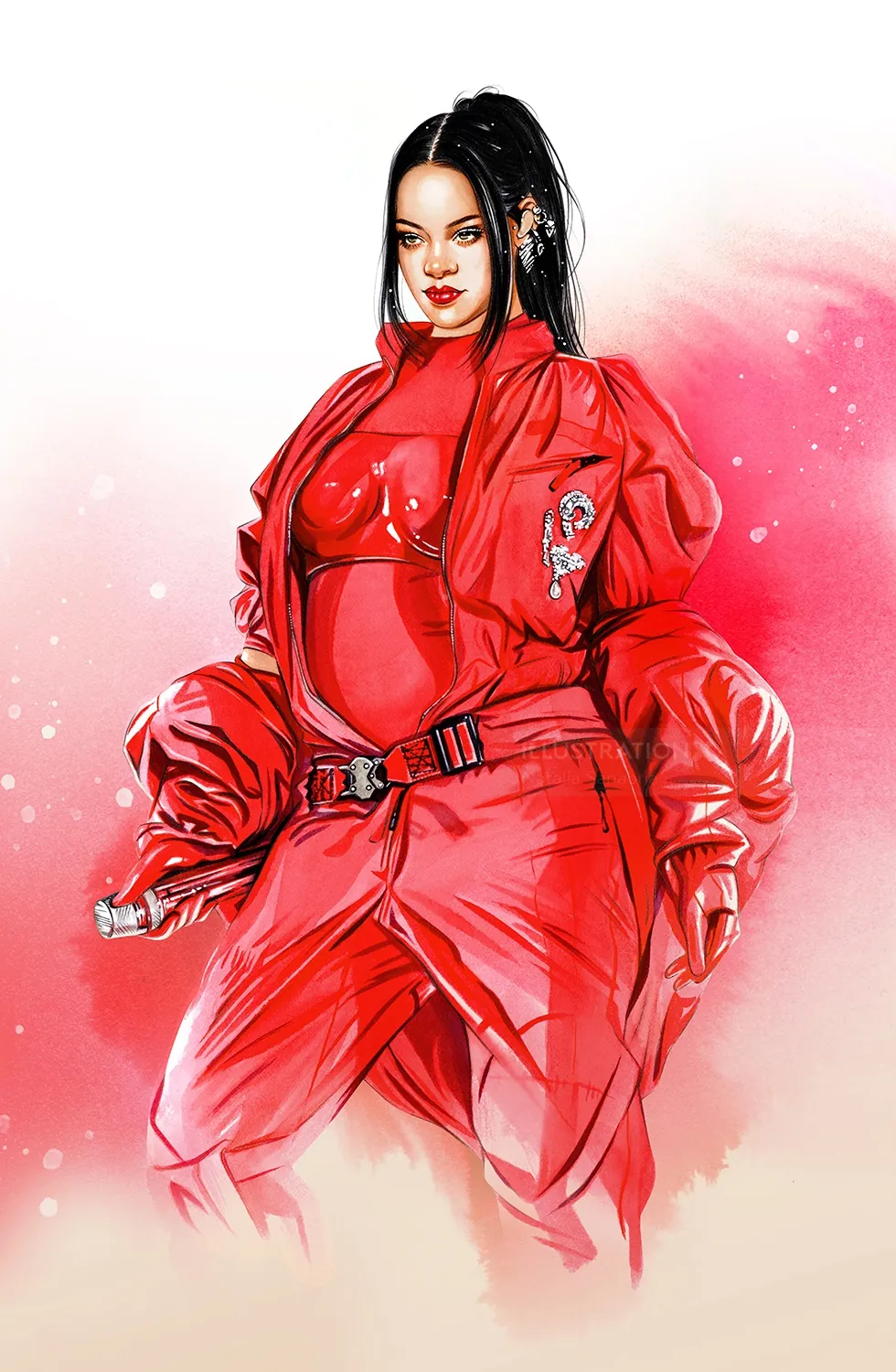 Illustration of Rihanna in red outfit performing at Super Bowl by Natalia Sanabria