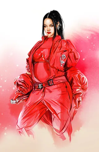 Illustration of Rihanna in red outfit performing at Super Bowl by Natalia Sanabria