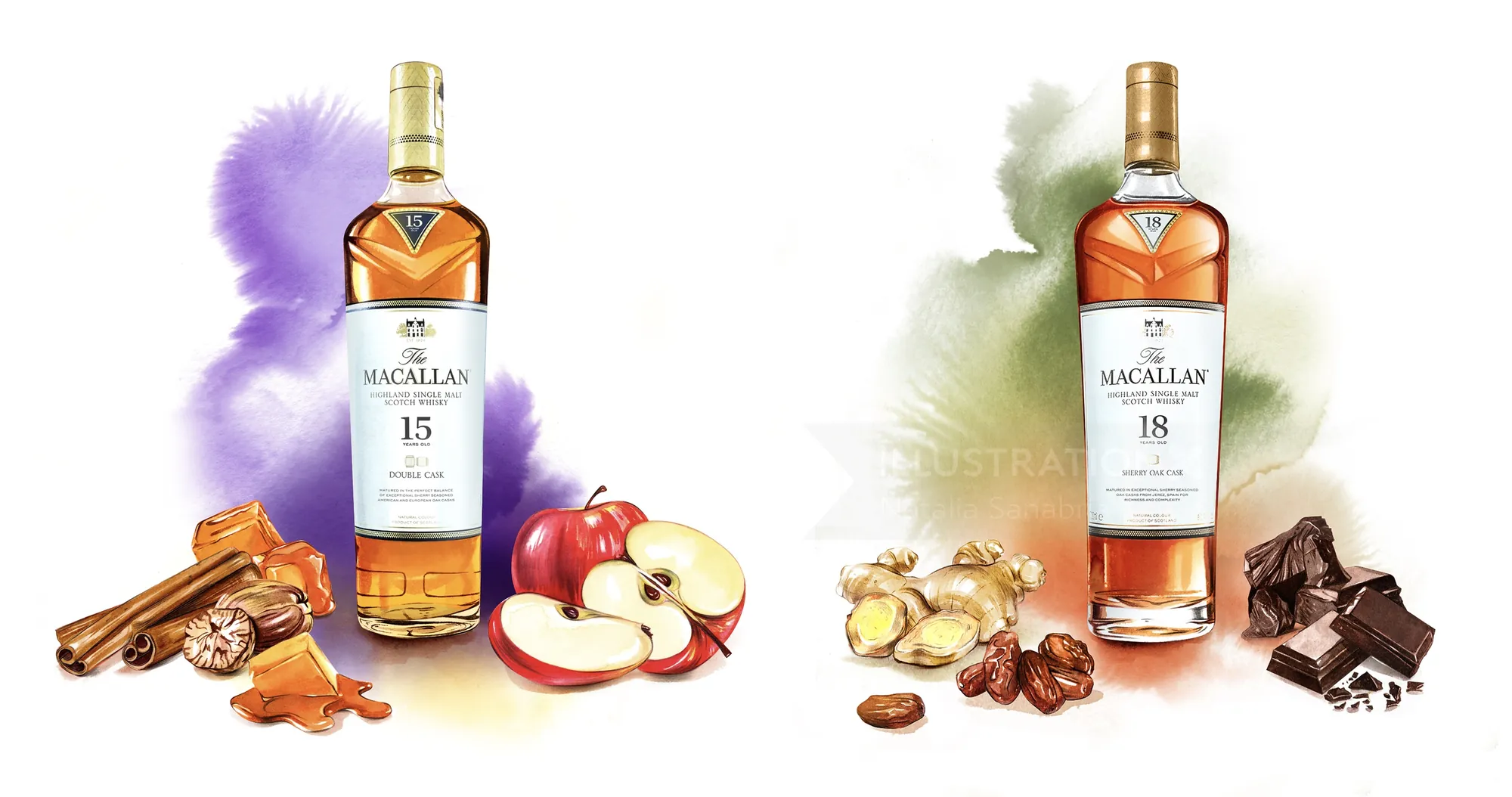 Macallan 15 and 18 Year Old whisky bottles with ingredients by Natalia Sanabria