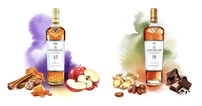Macallan 15 and 18 Year Old whisky bottles with ingredients by Natalia Sanabria