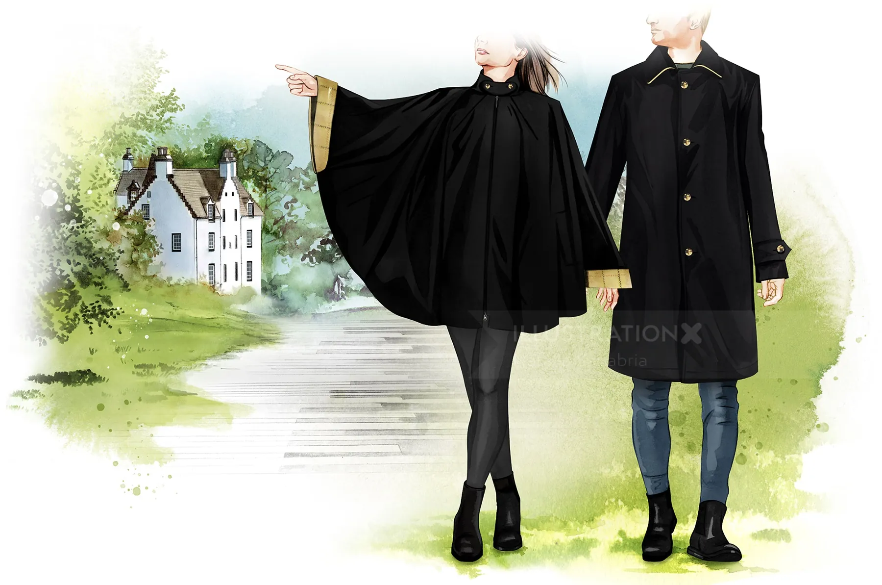 Couple in black coats holding hands beside a path and house by Natalia Sanabria