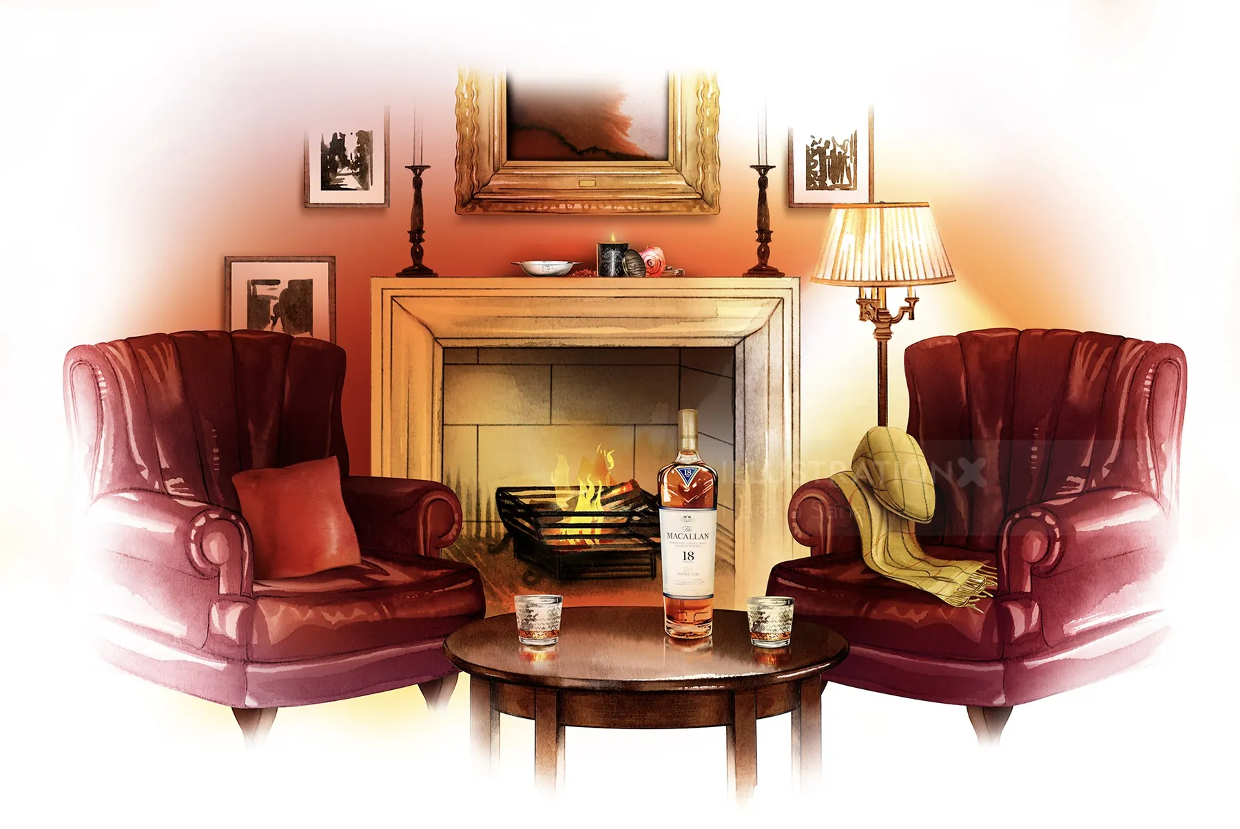 Bottle of Macallan Whisky on a table between two leather chairs by fireplace by Natalia Sanabria