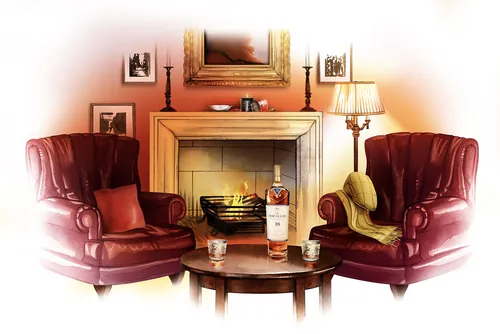 Bottle of Macallan Whisky on a table between two leather chairs by fireplace by Natalia Sanabria