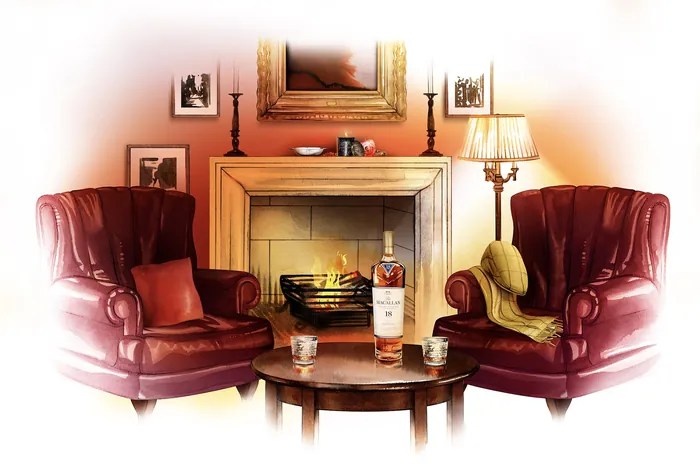 Bottle of Macallan Whisky on a table between two leather chairs by fireplace by Natalia Sanabria