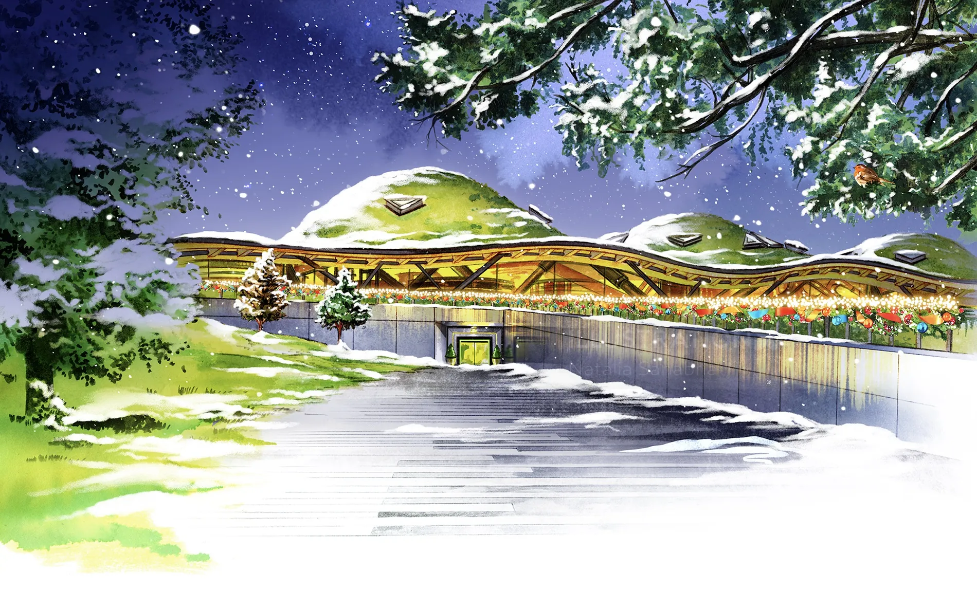 Winter landscape with snowy ground and dome buildings by Natalia Sanabria