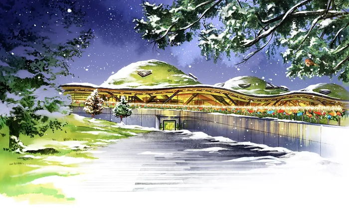 Winter landscape with snowy ground and dome buildings by Natalia Sanabria