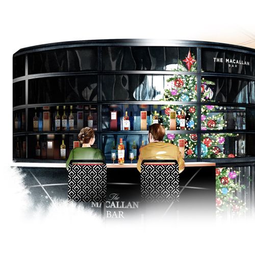 Bar interior with Christmas tree and two people seated by the counter by Natalia Sanabria