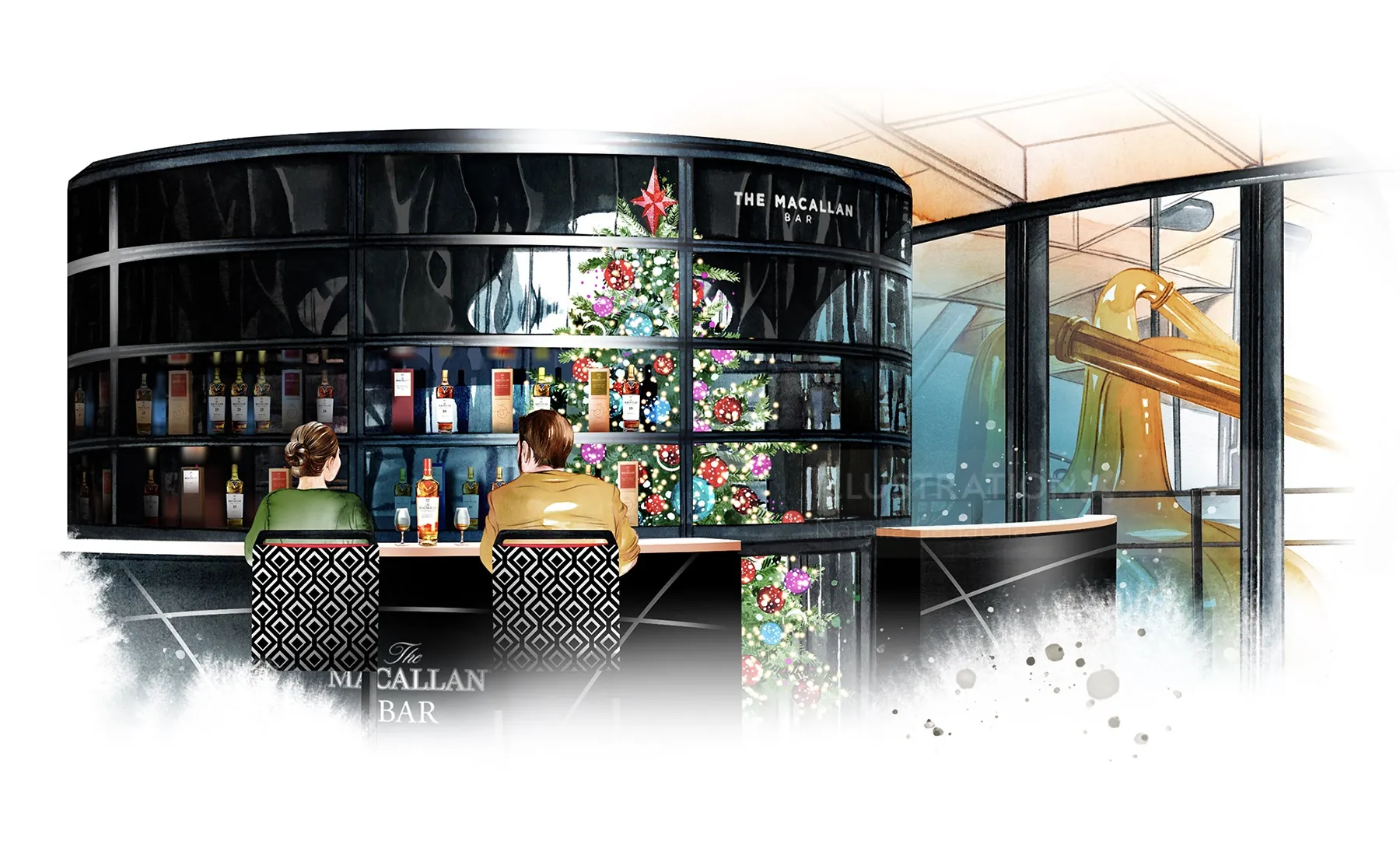 Bar interior with Christmas tree and two people seated by the counter by Natalia Sanabria