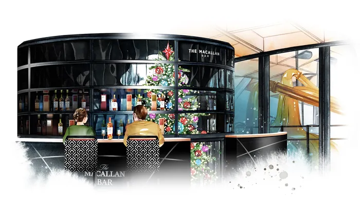 Bar interior with Christmas tree and two people seated by the counter by Natalia Sanabria