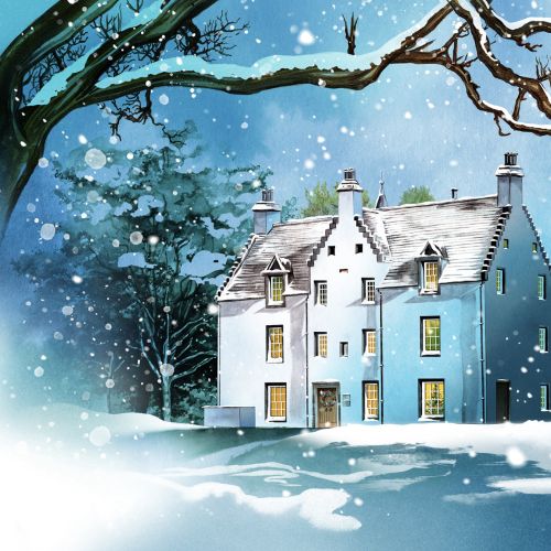 Snow-covered cottage with glowing windows and snowflakes falling, artwork by Natalia Sanabria