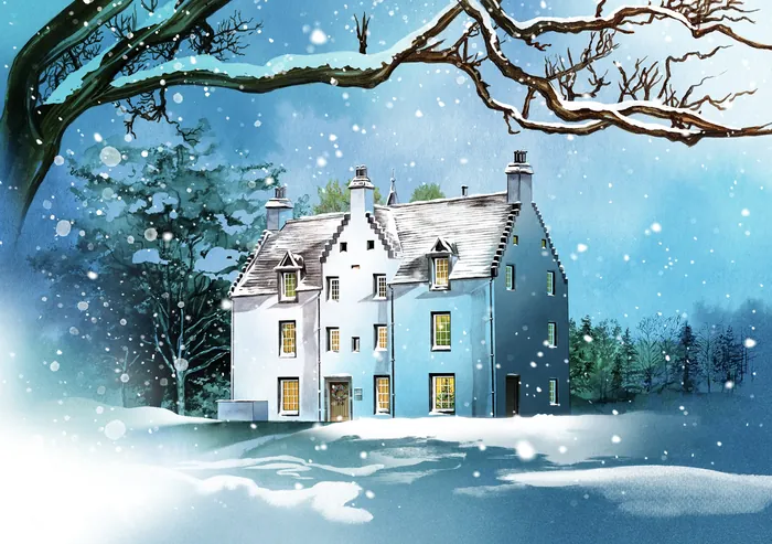Snow-covered cottage with glowing windows and snowflakes falling, artwork by Natalia Sanabria