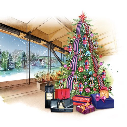 Christmas tree with wrapped gifts by snowy window by Natalia Sanabria