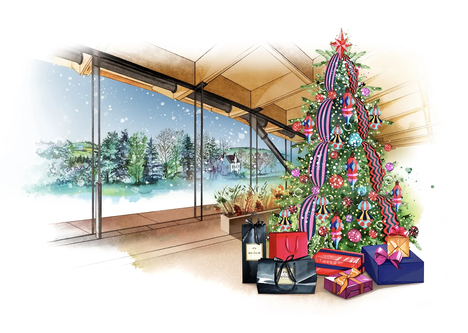 Christmas tree with wrapped gifts by snowy window by Natalia Sanabria