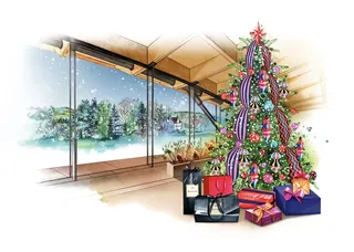 Christmas tree with wrapped gifts by snowy window by Natalia Sanabria