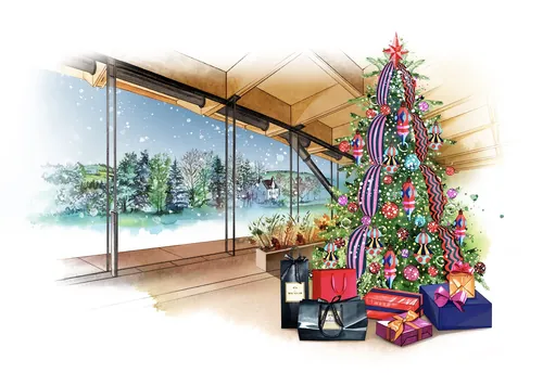 Christmas tree with wrapped gifts by snowy window by Natalia Sanabria