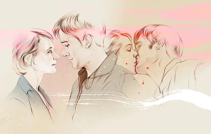 Illustration of two couples in different relationship stages by Natalia Sanabria