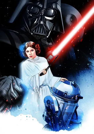 Star Wars characters Darth Vader, Princess Leia, and R2-D2 by Natalia Sanabria