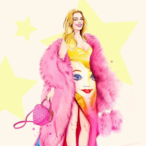 Barbie wearing pink fur coat and yellow dress by Natalia Sanabria