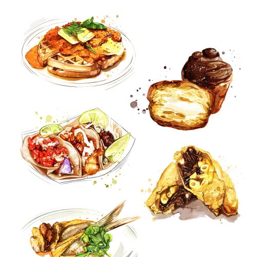 Watercolor food illustrations including waffles, tacos, pastries, and seafood