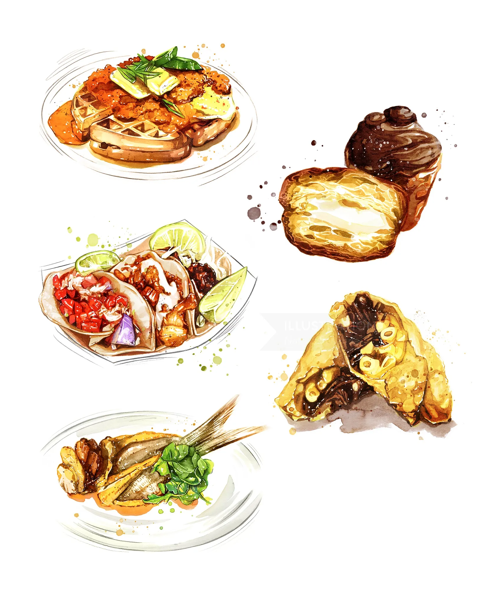 Watercolor food illustrations including waffles, tacos, pastries, and seafood