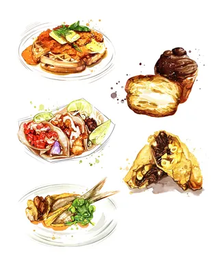 Watercolor food illustrations including waffles, tacos, pastries, and seafood