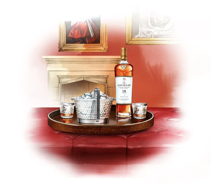 Bottle of whiskey with ice bucket and glasses on a tray indoors