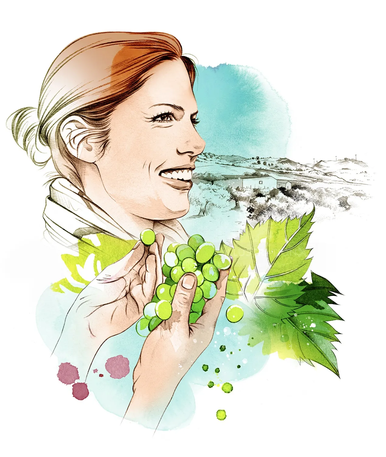 Woman holding green grapes near vineyard landscape