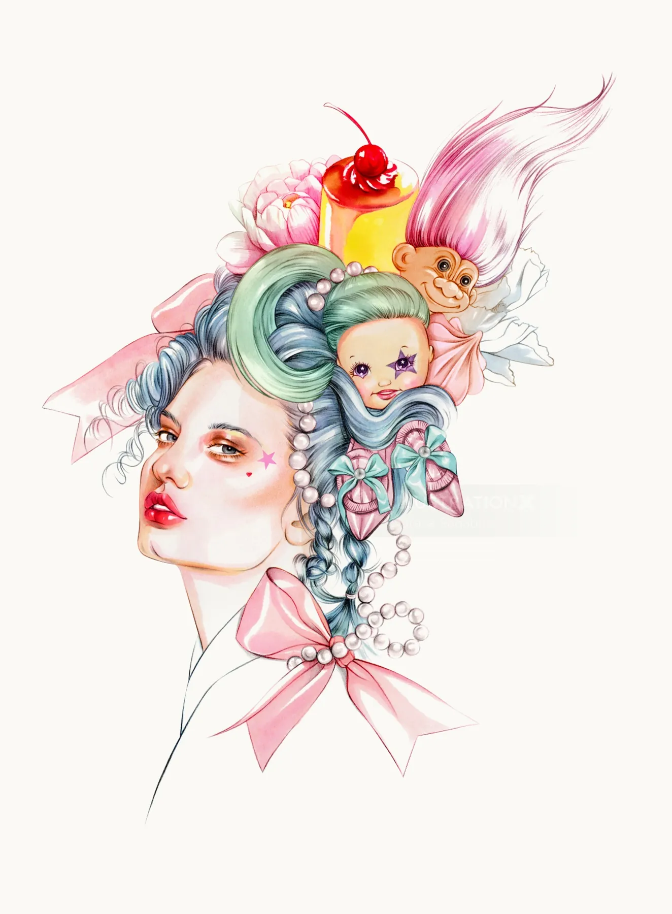 Woman with pastel hair and doll faces, holding a toy with pink hair