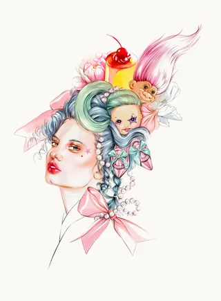 Woman with pastel hair and doll faces, holding a toy with pink hair