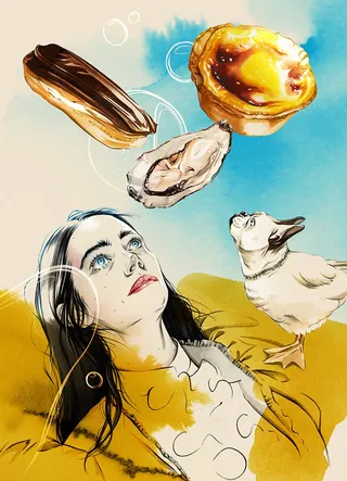 Woman lying down with floating tart, éclair, oyster, and chicken