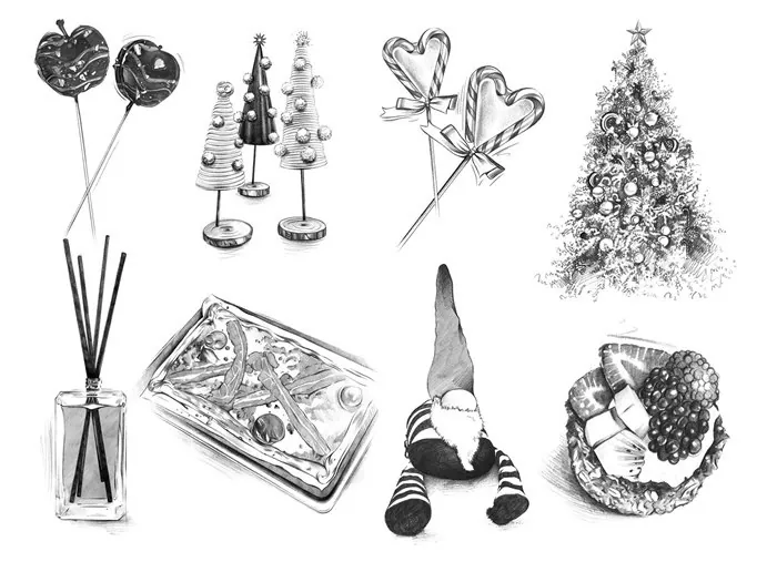Sketches of Christmas trees, candy, gnome, wreath, and gifts