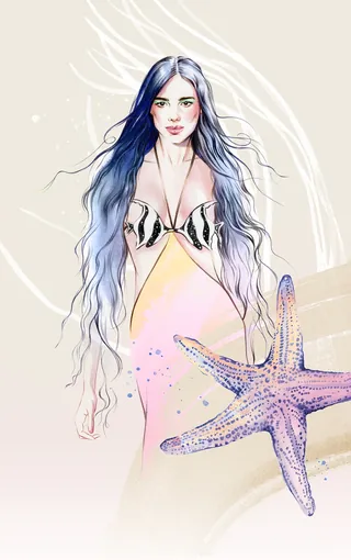 Illustration of a woman with long hair and starfish, soft colors