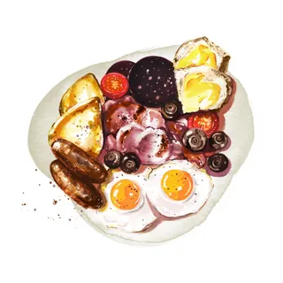 Full breakfast plate with fried eggs, sausages, bacon, and toast illustration