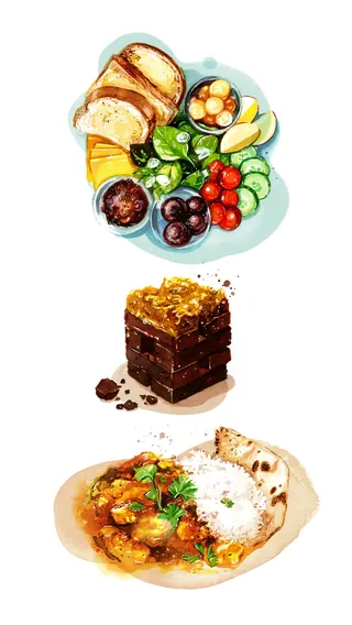 Breakfast platter with bread, eggs, salad, chocolate cake, and curry with rice.